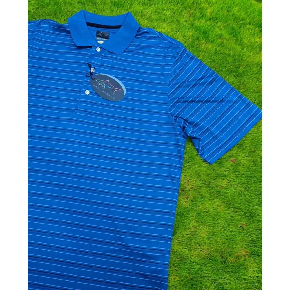 Greg‎ Norman Golf Polo Blue Stripe Shirt Men 3-Button Play Dry Short Sleeve - M